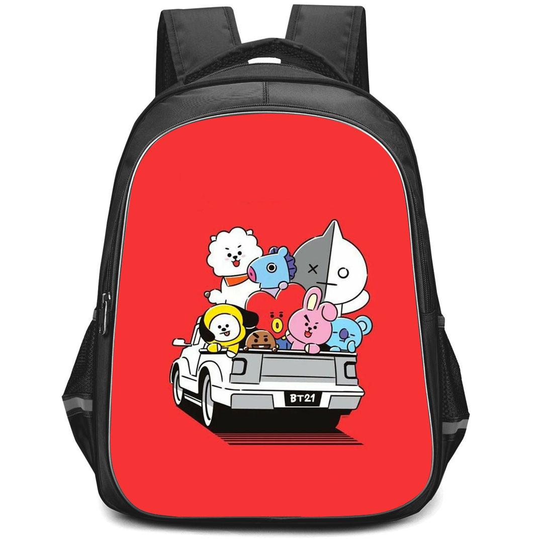 BT21 Backpack StudentPack - BT21 On A Car Red Background