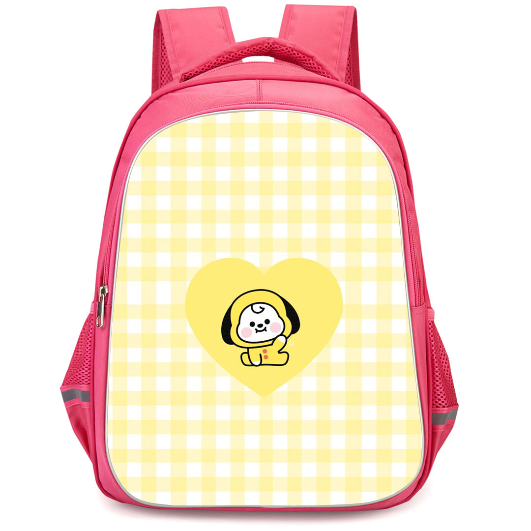 BT21 Chimmy Backpack StudentPack - Chimmy Sitting Inside Heart Shape On Check Background