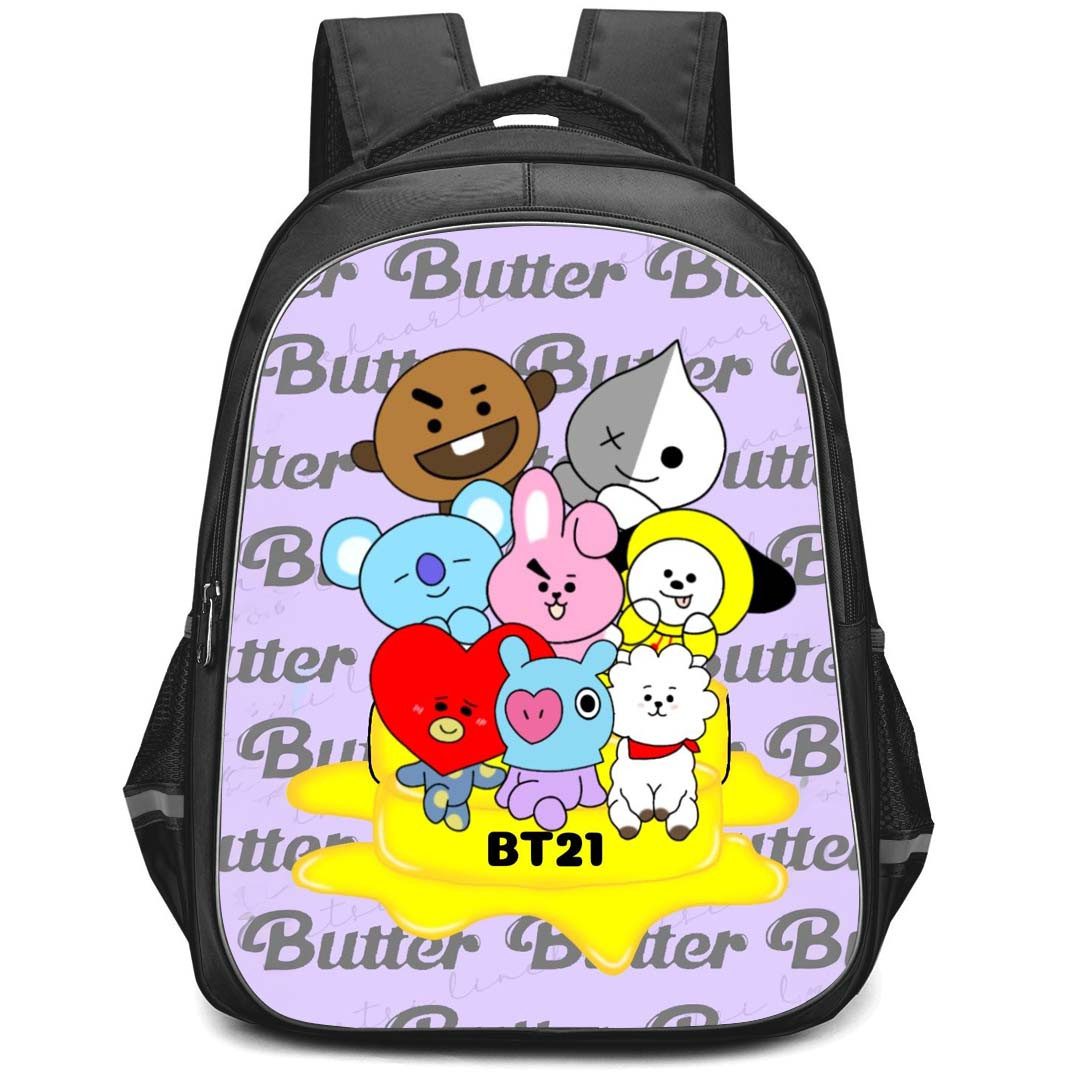 BT21 Backpack StudentPack - BT21 Member Sitting On Butter Word Art Background