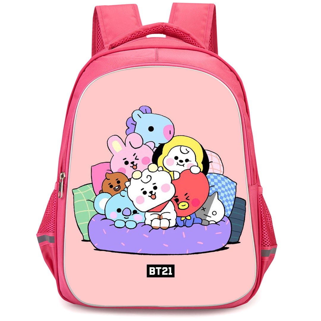 BT21 Backpack StudentPack - BT21 Member Sitting On A Sofa Pink Background