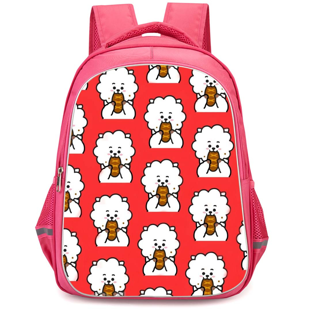 BT21 RJ Backpack StudentPack - RJ Eating pattern Art On Red Background