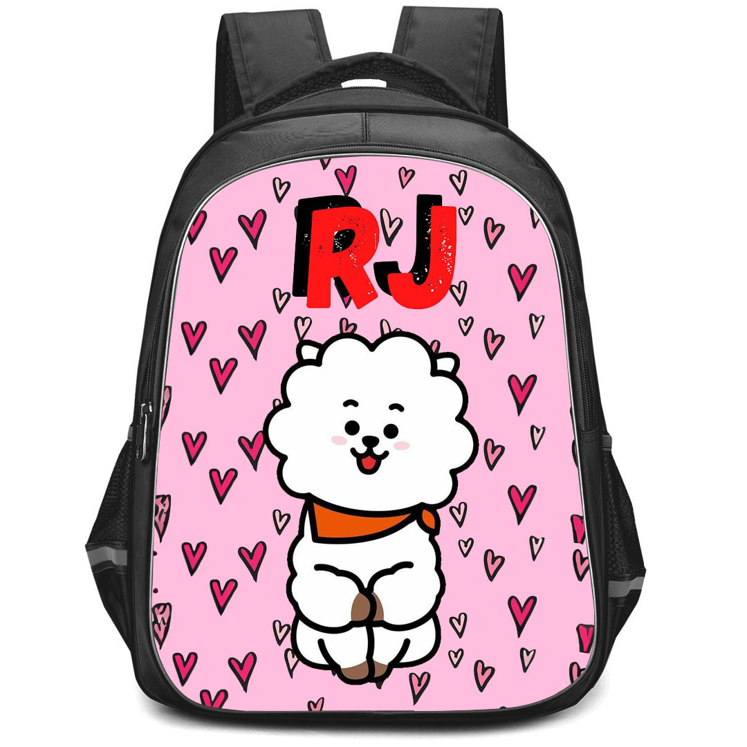 BT21 RJ Backpack StudentPack - RJ Standing On Heart Pattern Art Pink Background