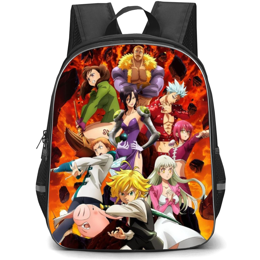 The Seven Deadly Sins Backpack Student Pack - Characters Fighting Stance On Flaming Background