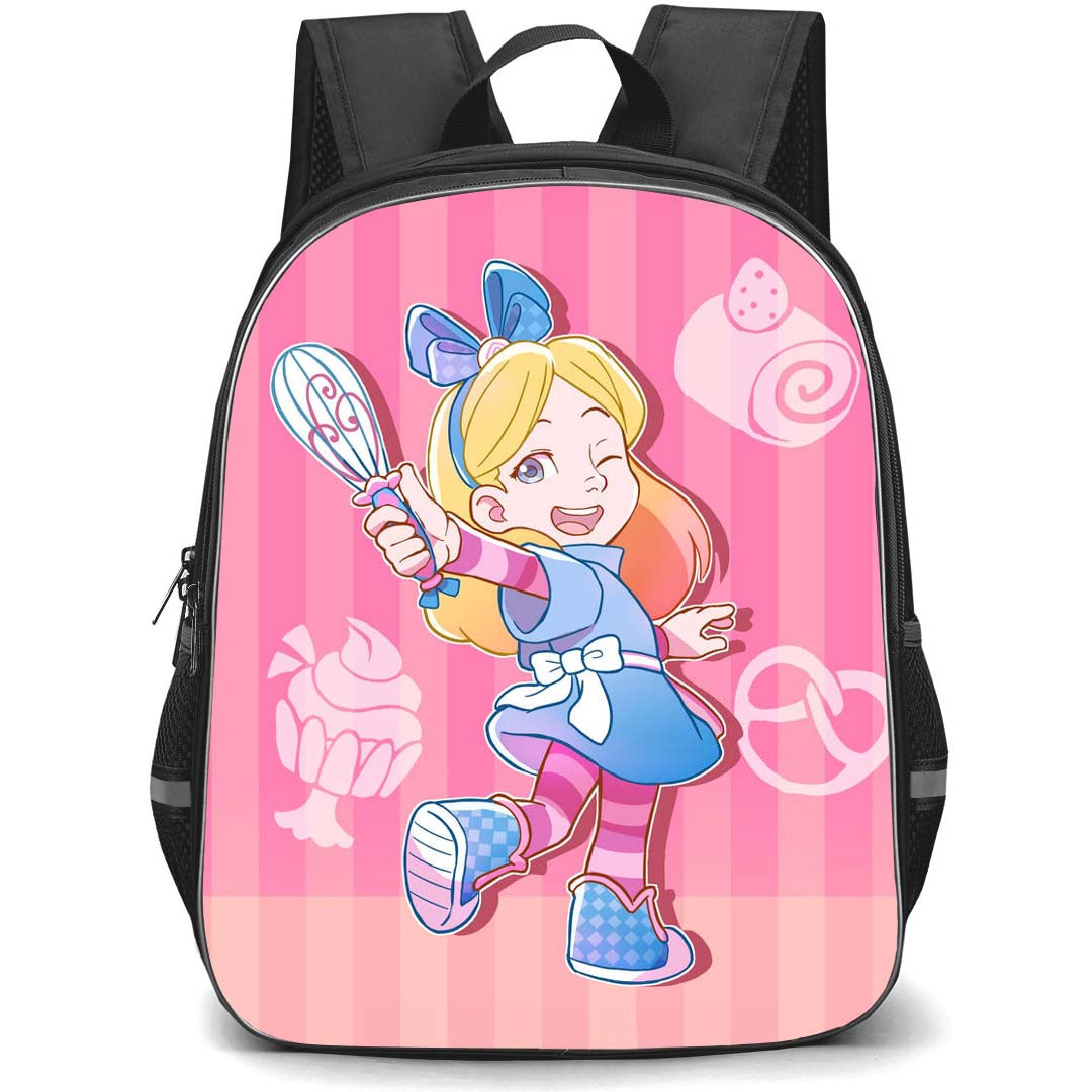 Alice's Wonderland Bakery Alice Backpack StudentPack - Alice Looking Back Cartoon Art On Pink Background