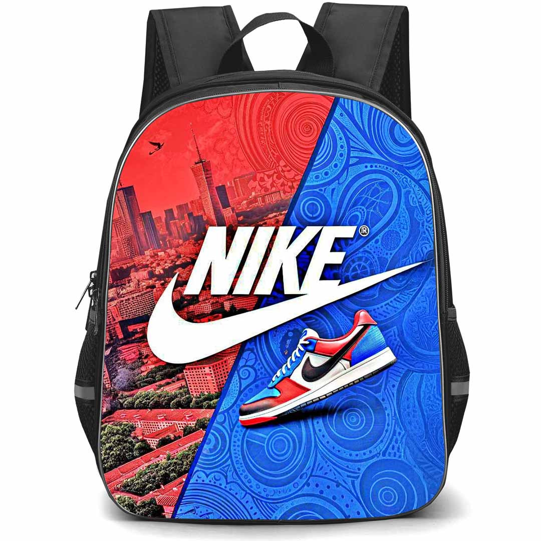 Nike Backpack School Bag StudentPack - Nike Dunk Low On Red Urban Cityscape And Blue Ornate Background