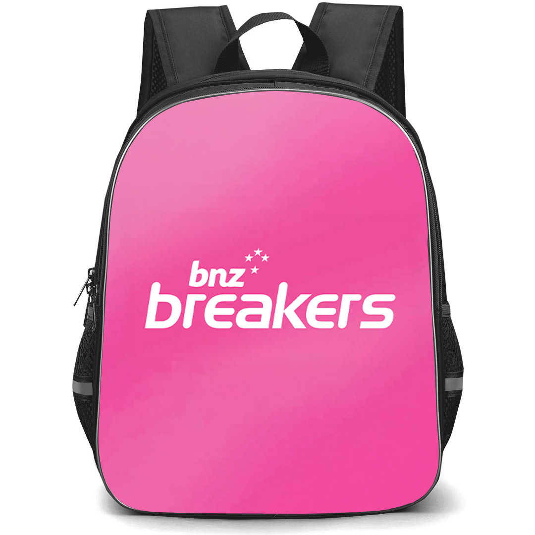 National Basketball League New Zealand Breakers Backpack School Bag StudentPack - New Zealand Breakers Logo On Pink Background