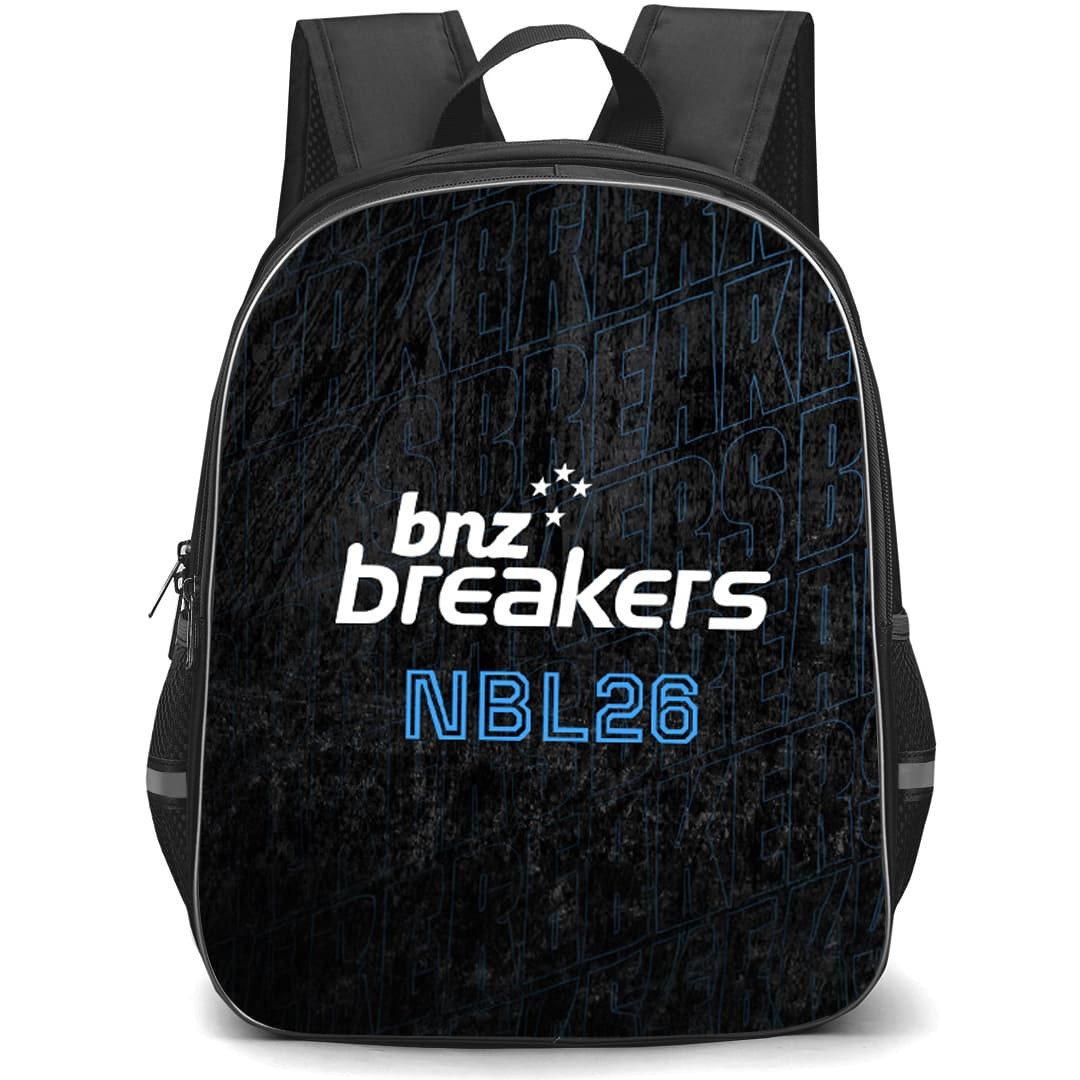 National Basketball League New Zealand Breakers Backpack School Bag StudentPack - New Zealand Breakers Logo On Word Art Dark Background