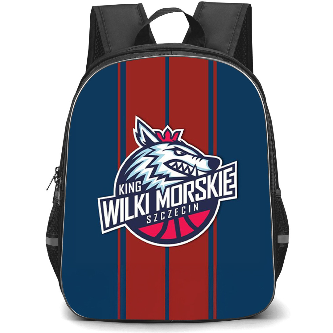King Wilki Morskie Szczecin Backpack School Bag StudentPack - King Wilki Morskie Szczecin Logo On Red Stripe Blue Background
