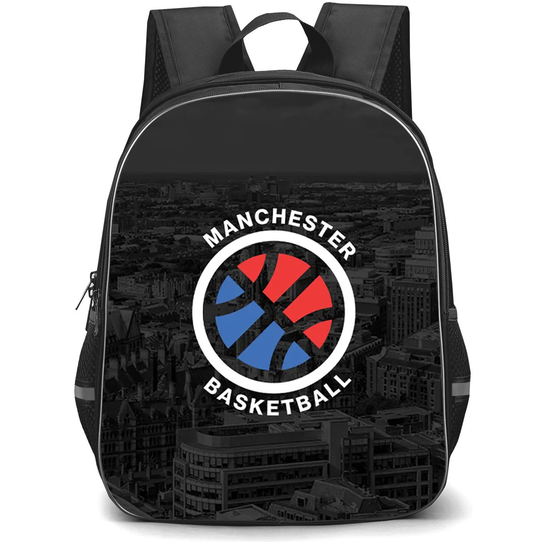 Manchester Basketball Backpack School Bag StudentPack - Manchester Basketball Logo On Grayscale City Background