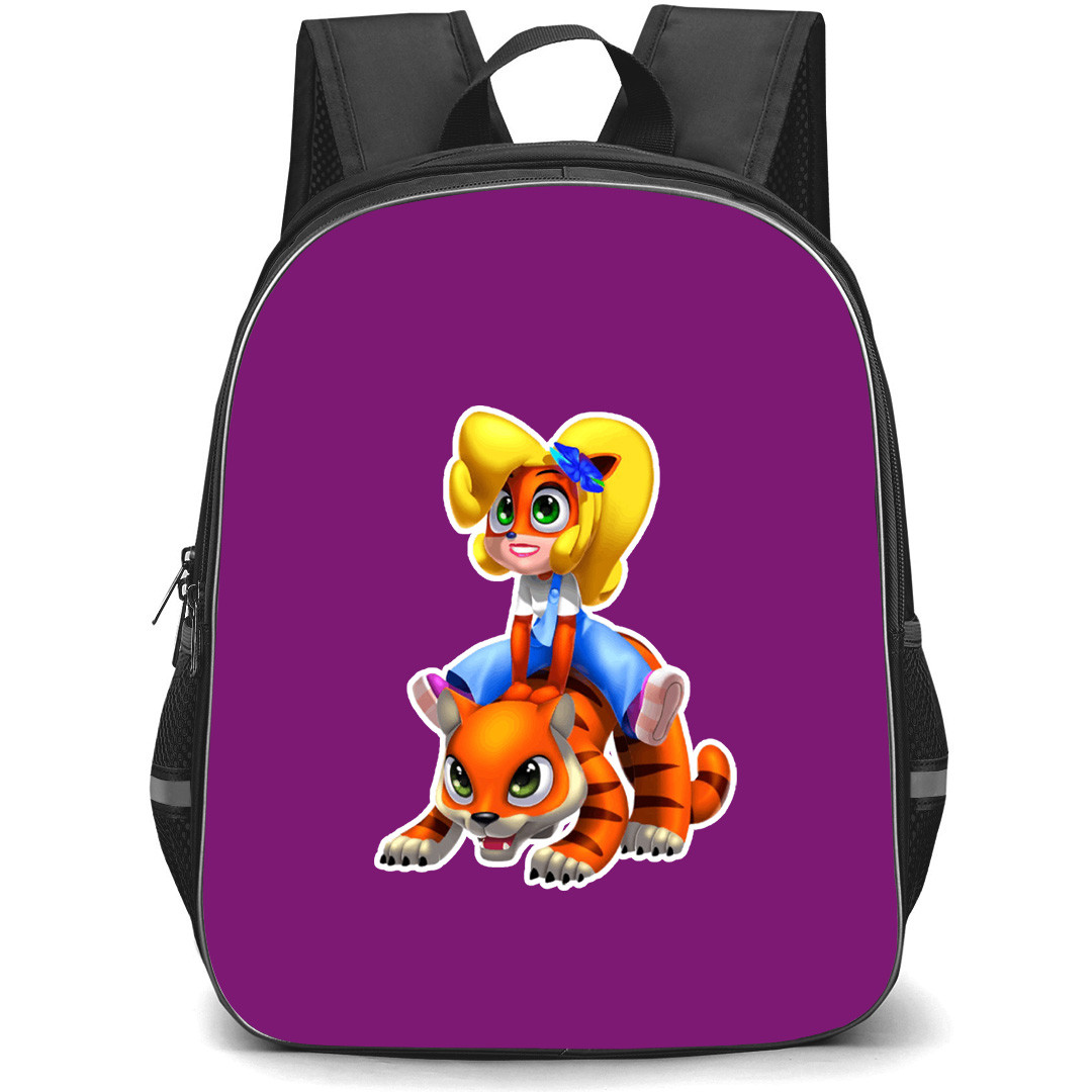 Crash Bandicoot School Backpack StudentPack - Coco And Pura Riding Sticker On Purple Background