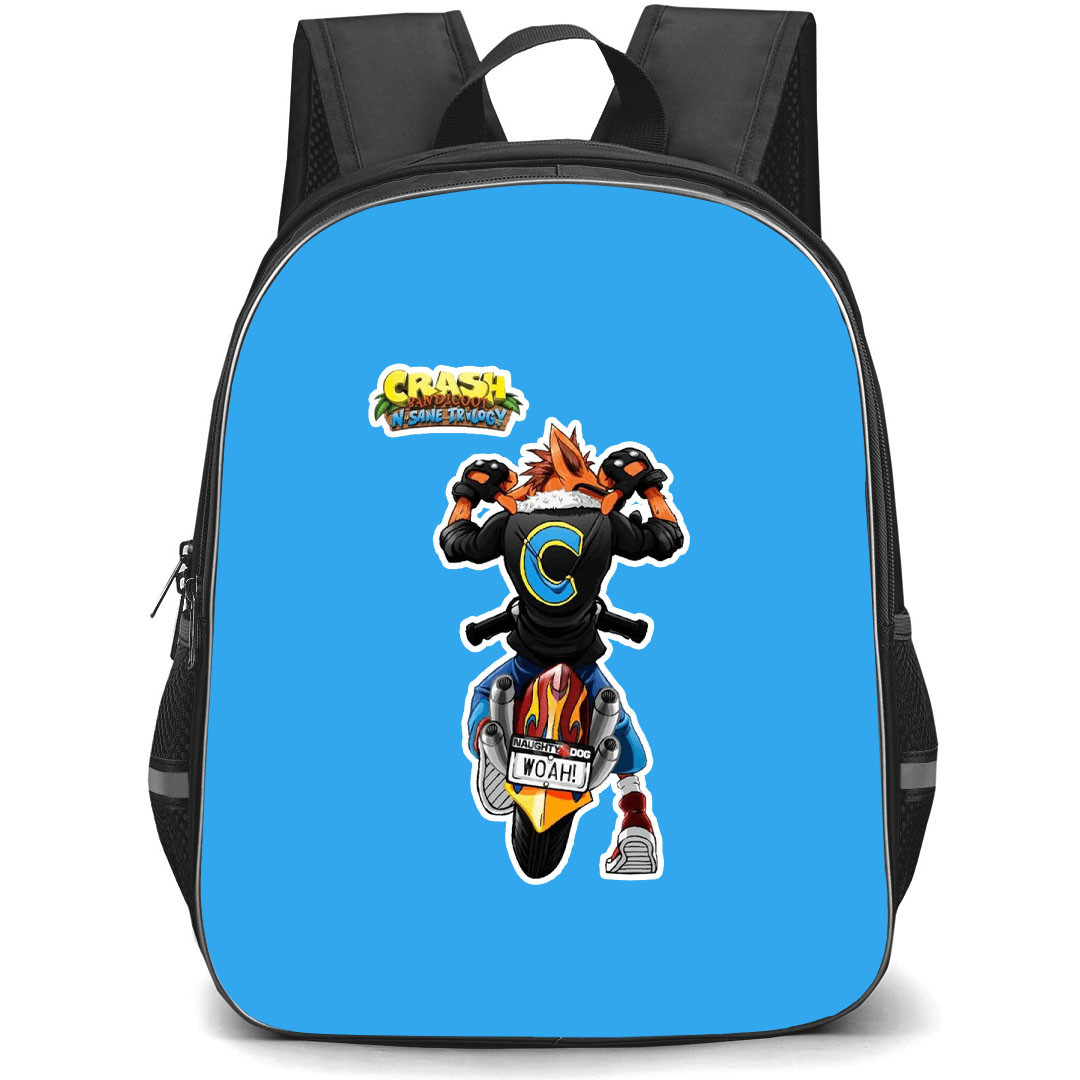 Crash Bandicoot Crash School Backpack StudentPack - Crash Biker Back Portrait Sticker On Blue Background
