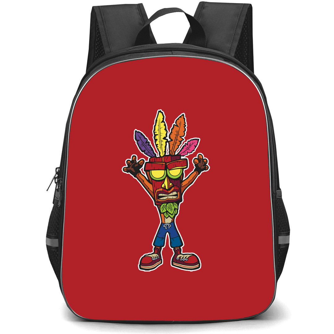 Crash Bandicoot School Backpack StudentPack - Crash And Aku Mask Sticker On Red Background