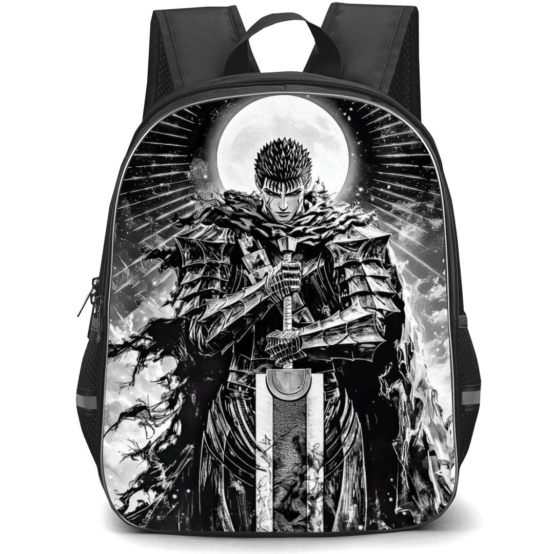 Berserk Guts Backpack StudentPack - Berserk Guts Holding Sword And Standing On Sun Grayscale Poster