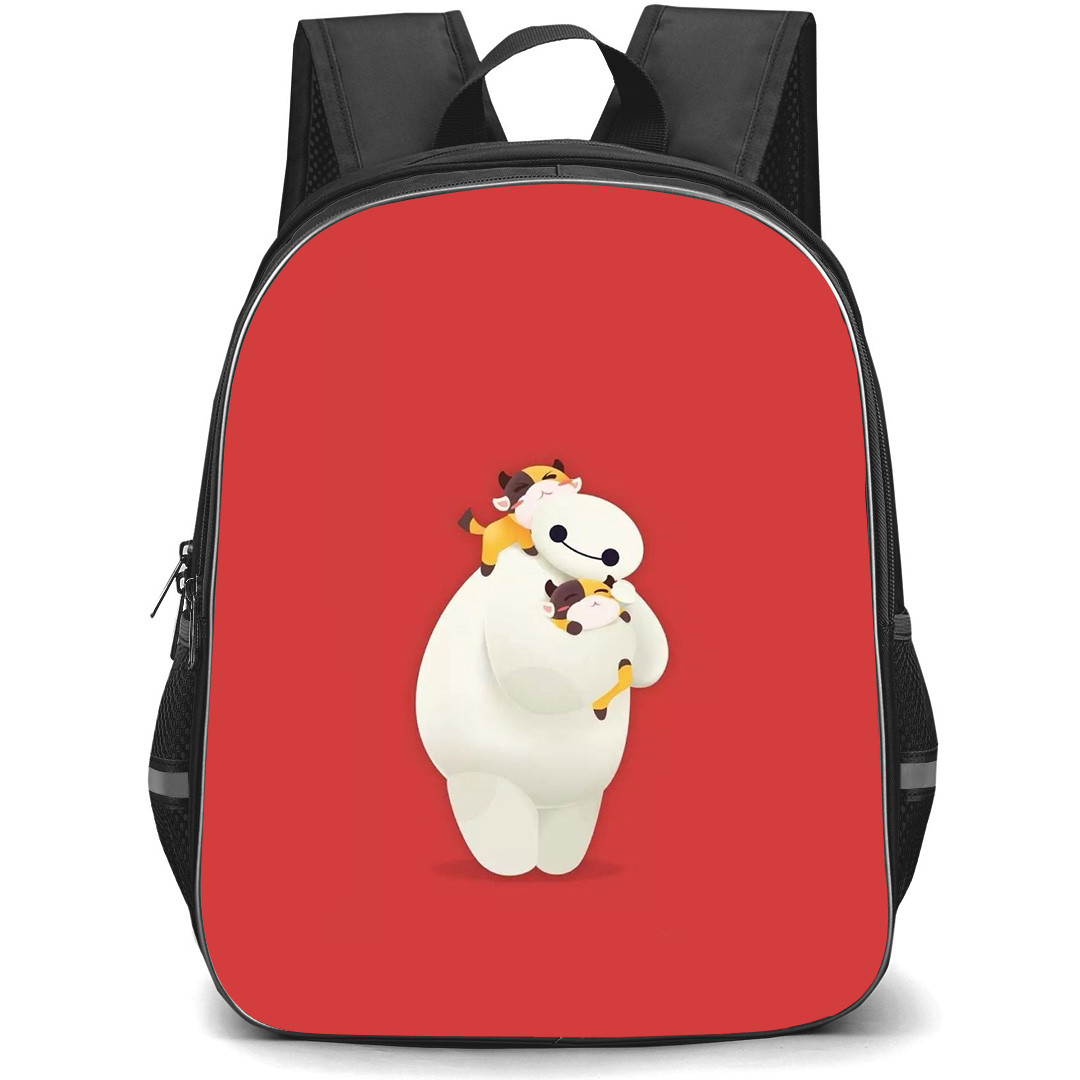 Big Hero 6 Baymax School Backpack StudentPack - Baymax Holding A Cat In Orange Background