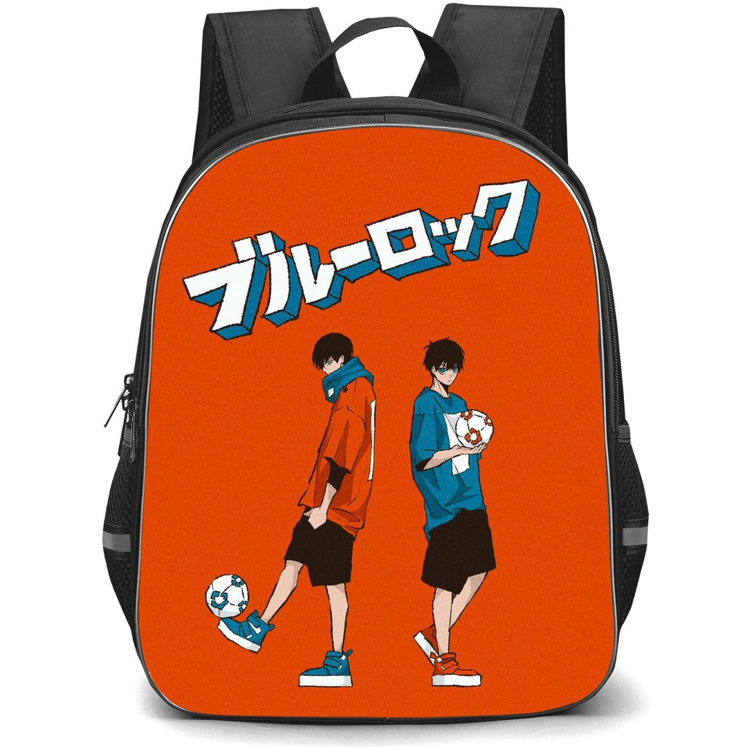 Blue Lock Backpack StudentPack - Rin Itoshi Yoichi Isagi Illustration On Orange Background