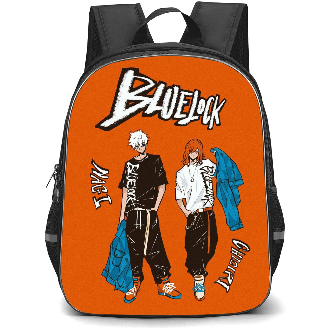 Blue Lock Backpack StudentPack - Seishiro Nagi Hyoma Chigiri Illustration On Orange Background