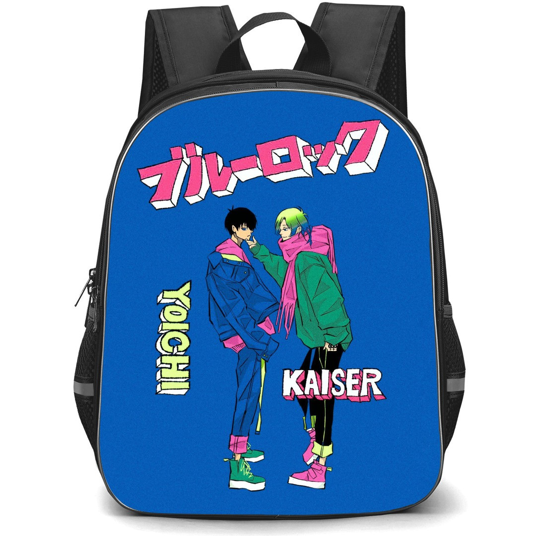 Blue Lock Backpack StudentPack - Yoichi Isagi Michael Kaiser Illustration On Blue Background