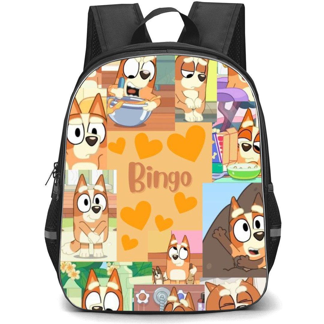 Bluey Bingo School Backpack StudentPack - Bingo Collage Orange Hearts Background