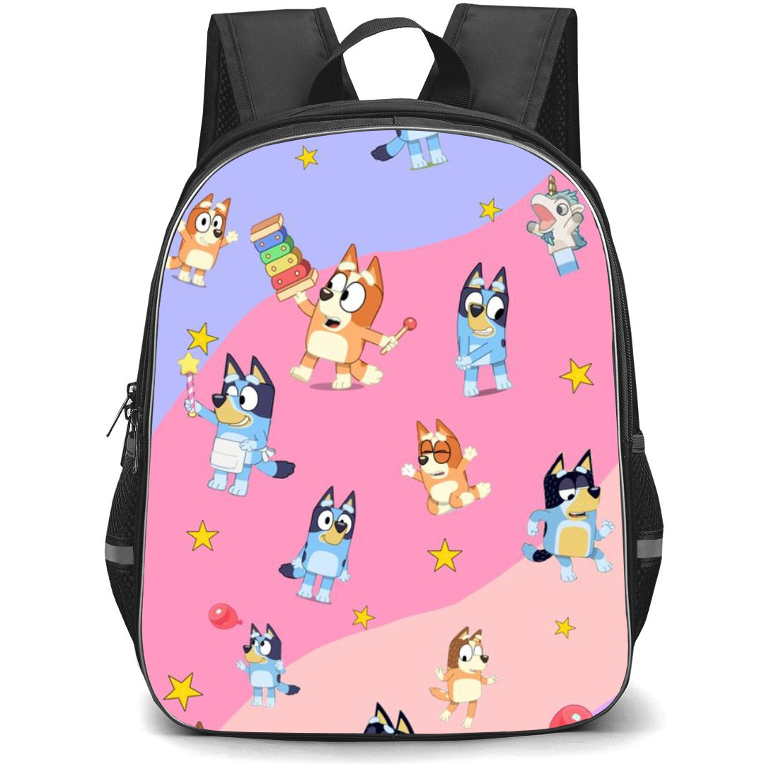Bluey School Backpack StudentPack - Bluey And Bingo Pattern Art Purple Pink Background