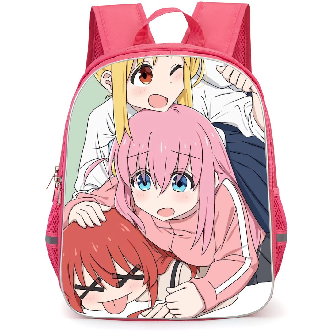 Bocchi The Rock Backpack StudentPack - Bocchi The Rock Member Embrace Each Other Warmly Anime Art On Green Background
