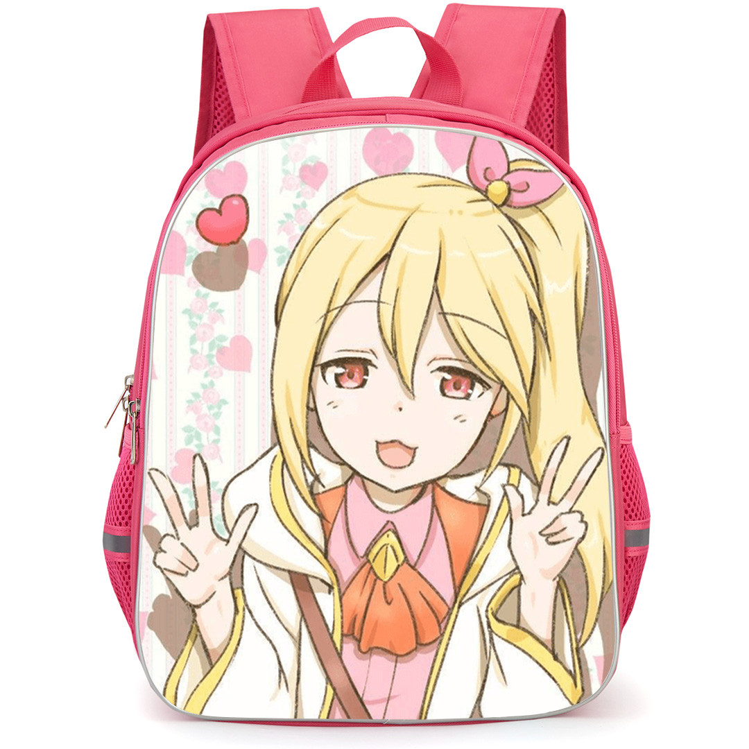 Bofuri I Don't Want to Get Hurt so I'll Max Out My Defense Frederica Backpack School Bag StudentPack - Frederica Double Peace Signs with Pink Heart Background