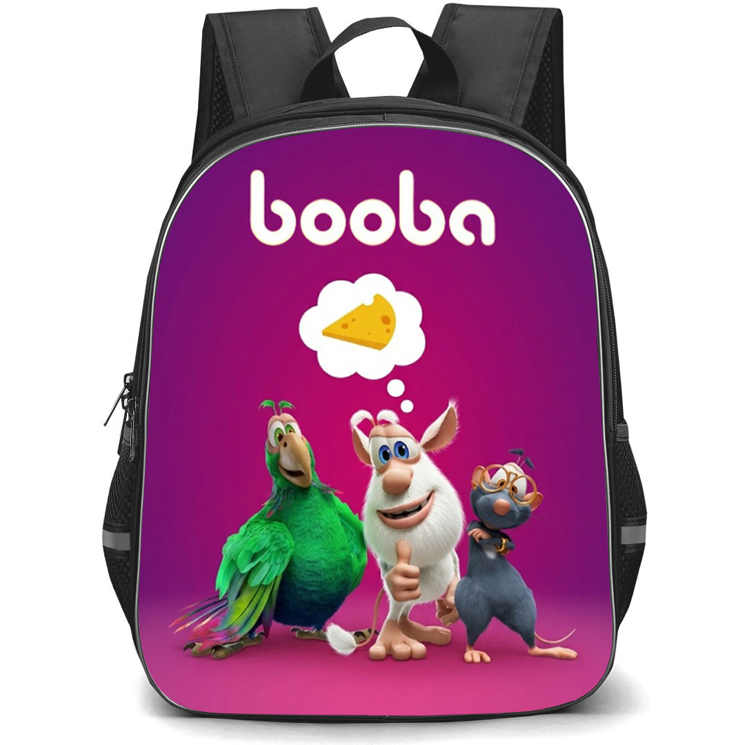 Booba Backpack School Bag StudentPack - Booba Green Parrot Loola Blue Rat Standing On Spike Purple Gradient Background