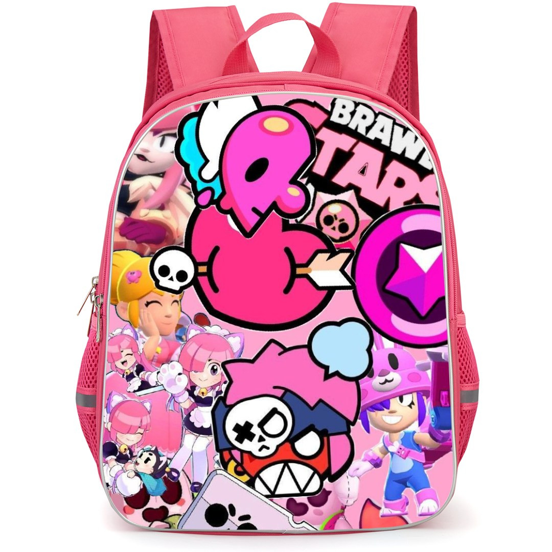 Brawl Stars Backpack StudentPack - Brawl Stars Cartoon Characters Sticker Mania On Pink Background