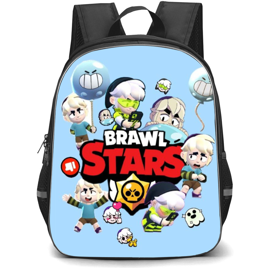 Brawl Stars Gus Backpack StudentPack - Brawl Stars Gus Characters Around The Logo On SkyBlue Background