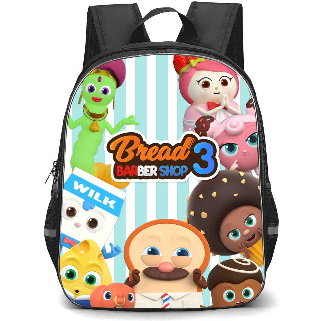 Bread Barbershop Backpack School Bag StudentPack - Characters Happy Series Poster Black And White Stripe Background