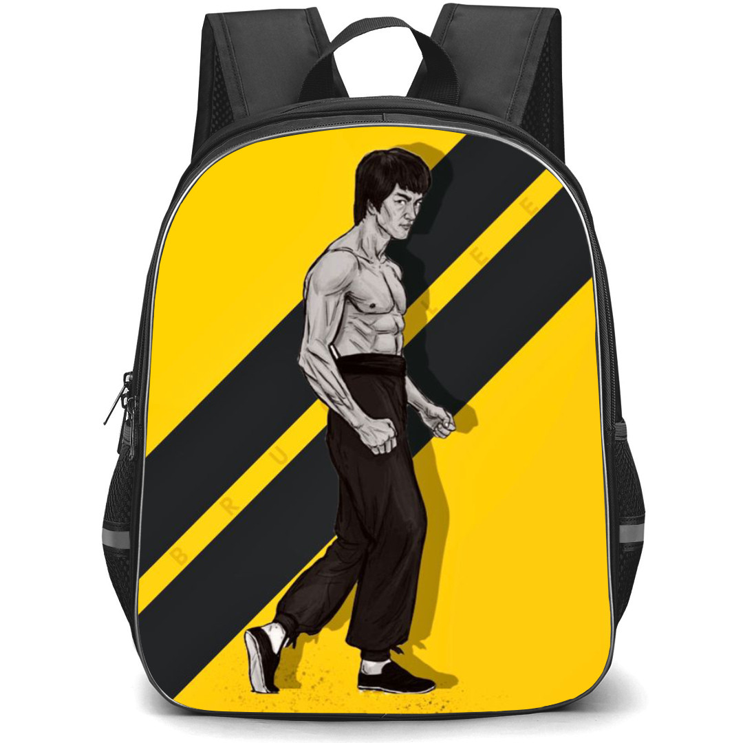 Bruce Lee Backpack StudentPack - Bruce Lee Portrait Cartoon Art In Yellow Black Stripe Background