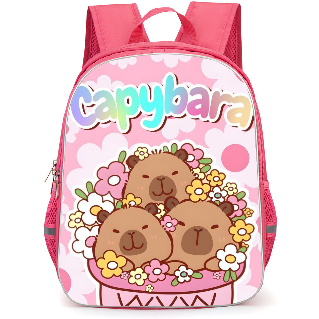 Capybara Backpack StudentPack - Capybara Collage Flower Basket Pink And White Background