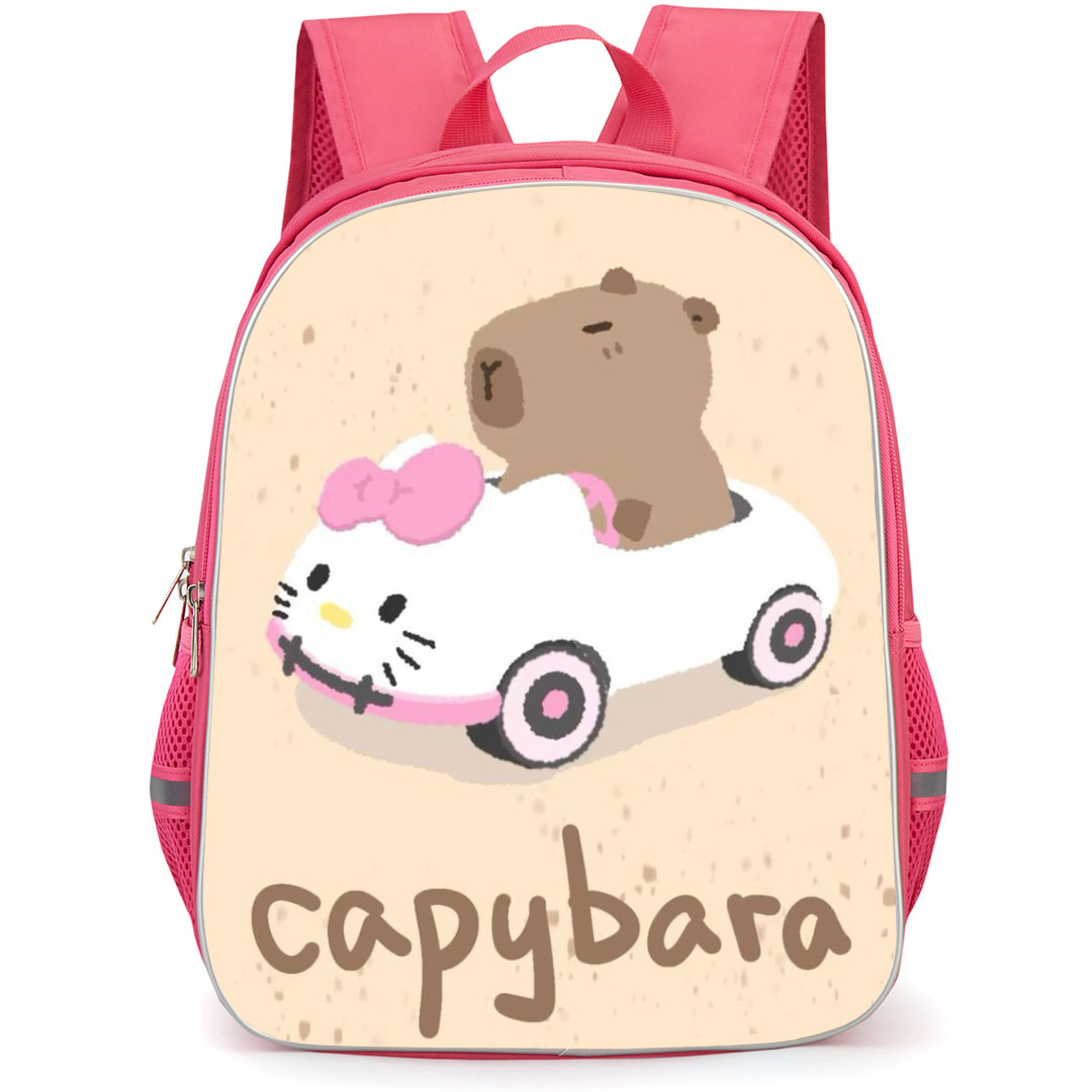 Capybara Backpack StudentPack - Capybara Hello Kitty Car Peach Background