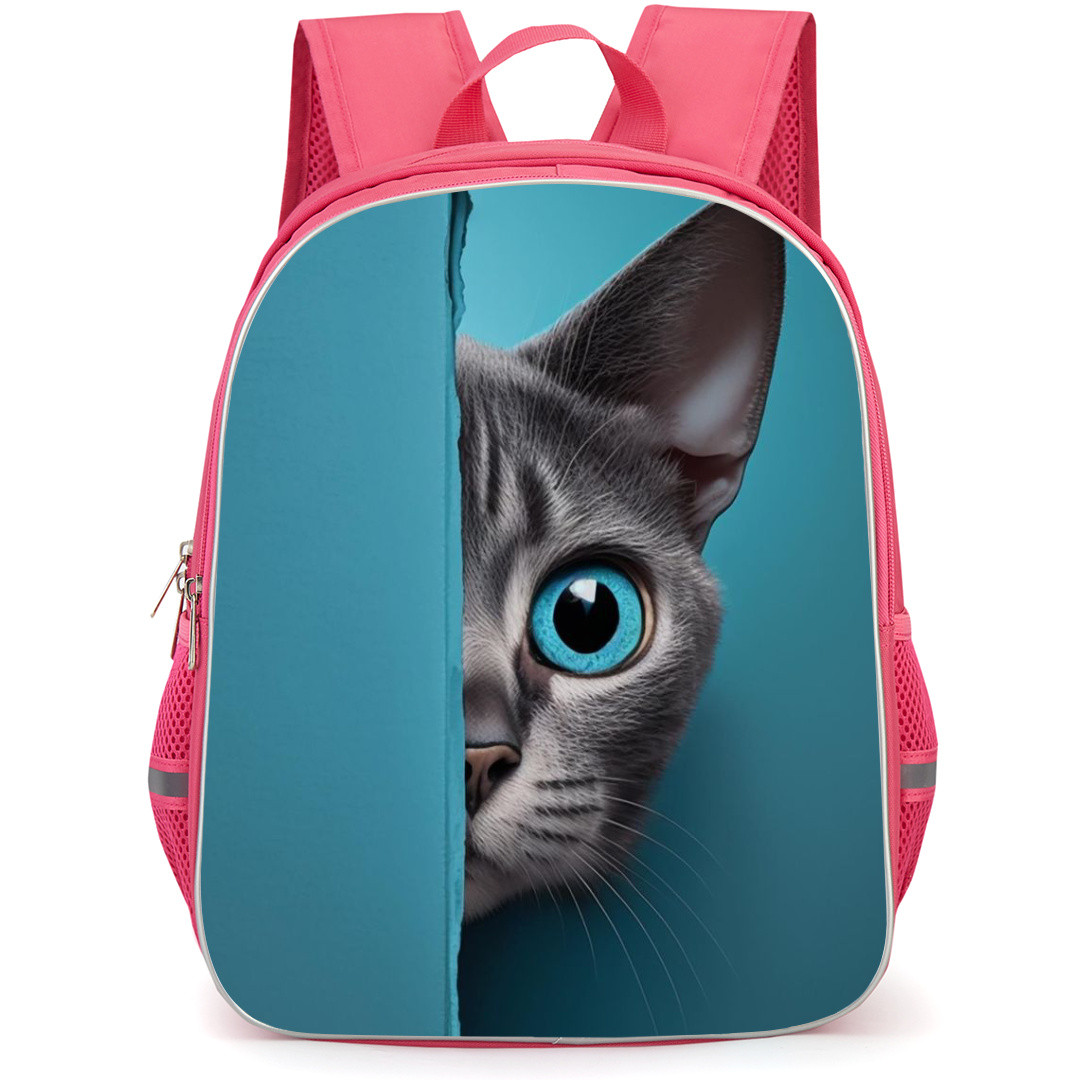 Cat Backpack StudentPack - Cat Peeking Behind The Door Blue Background