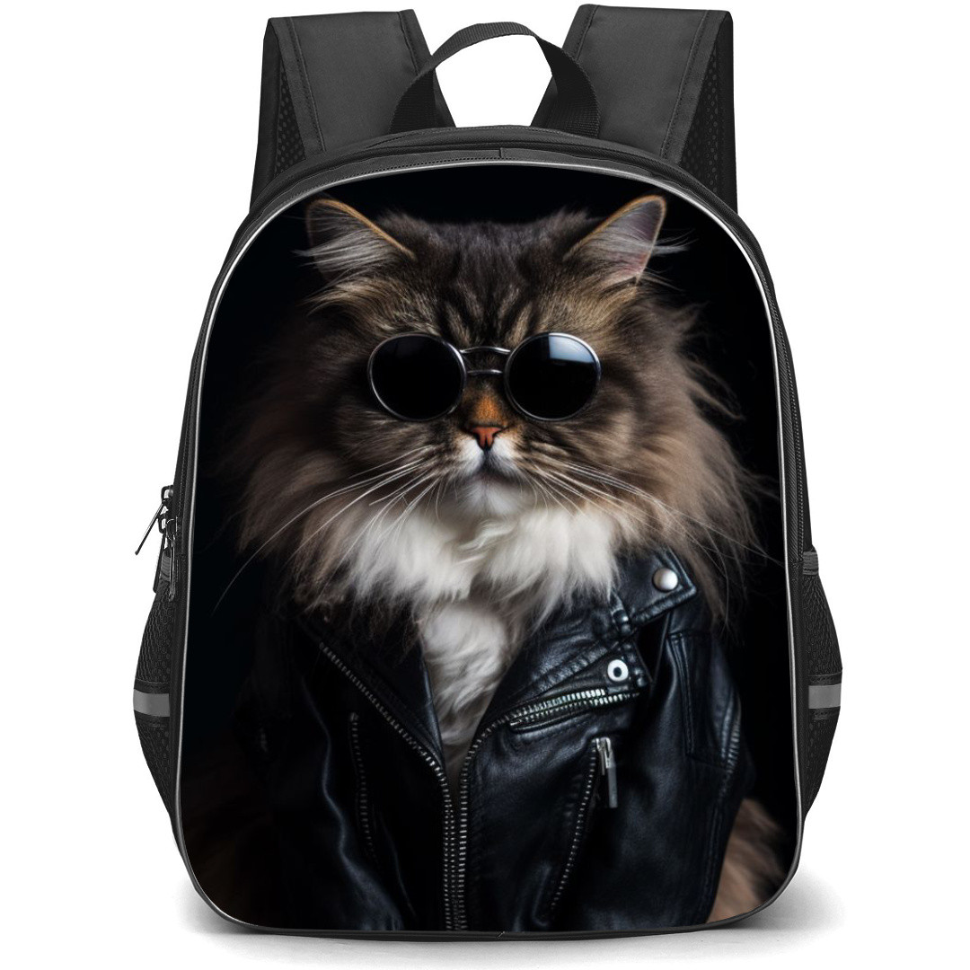 Persian Cat Backpack StudentPack - Persian Cat Wearing Sunglasses And Jacket On Black Background