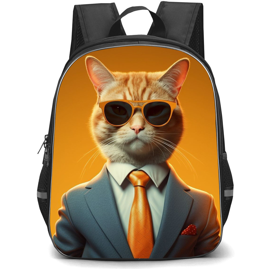 Cat Backpack StudentPack - Cat Wearing Suits With Sun Glasses Standing On Orange Background