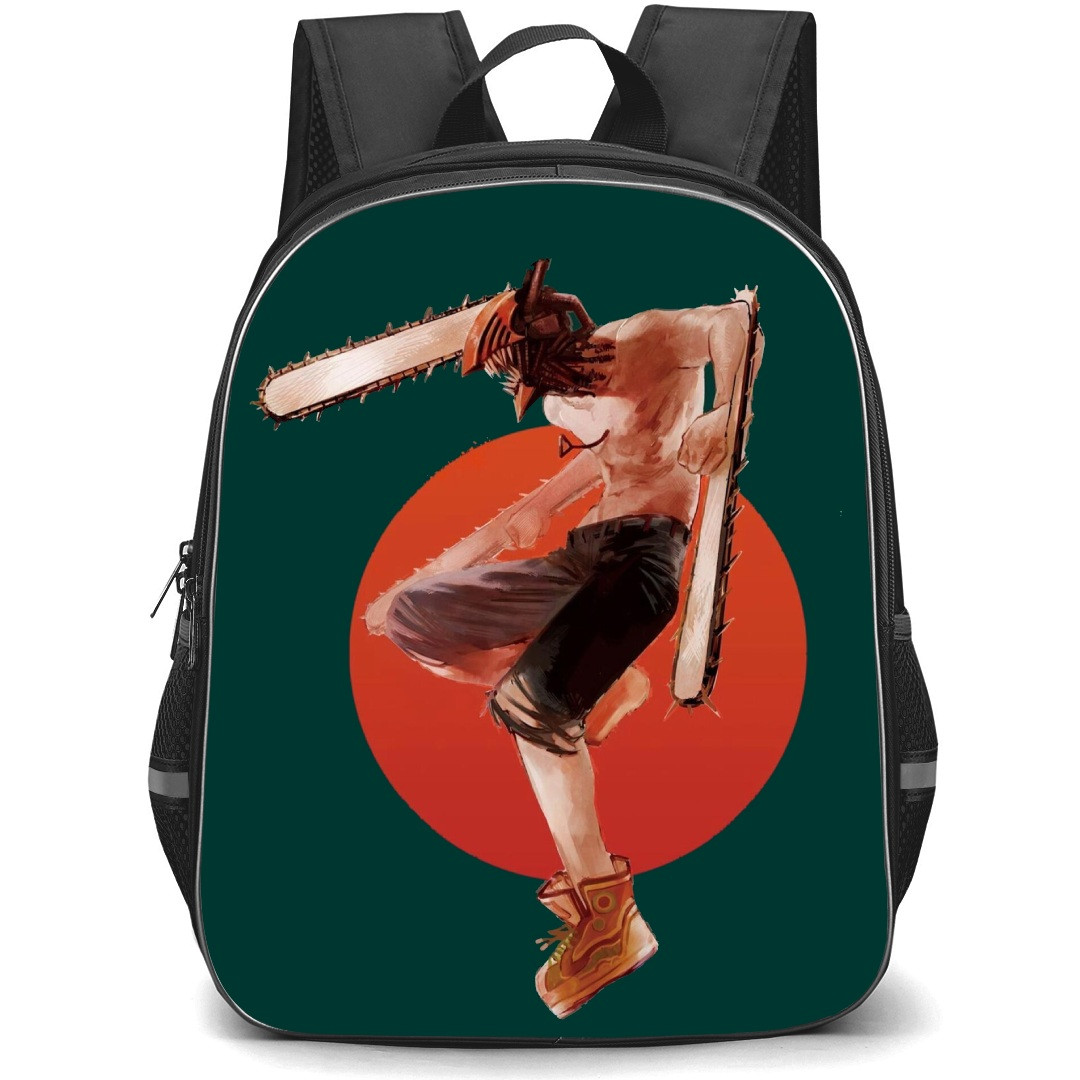 Chainsaw Man Denji Backpack StudentPack - Denji Jumping On Olive Background