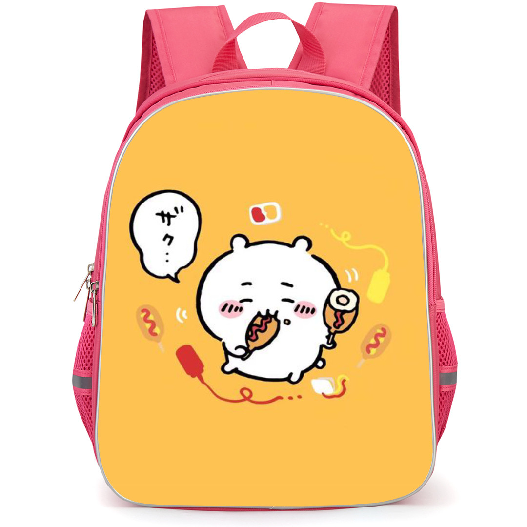 Chiikawa Backpack StudentPack - Chiikawa Eating Food Art with Yellow Pattern Background