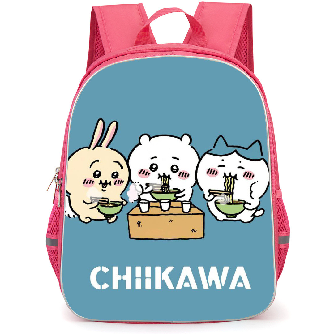 Chiikawa Backpack StudentPack - Chiikawa Enjoy Spicy Noodles in Green Bowl with Blue Background