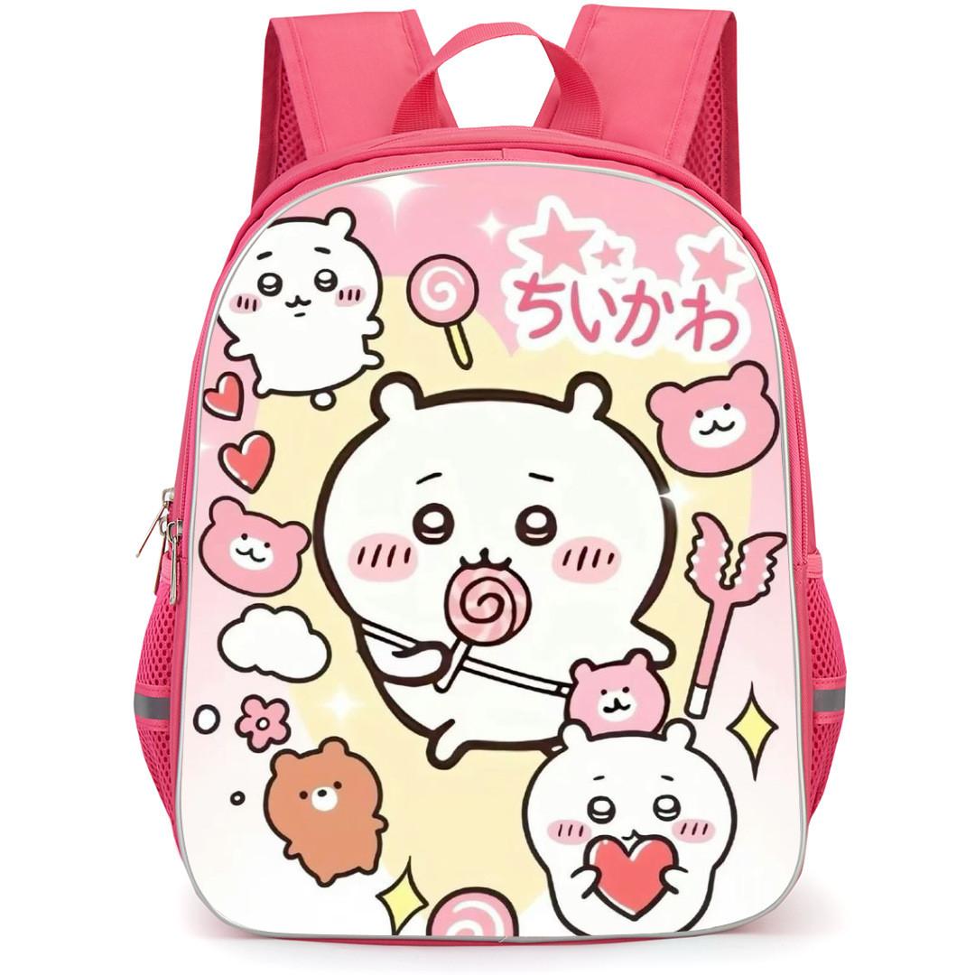 Chiikawa Backpack StudentPack - Chiikawa Kawaii Yatsu Eat Lolipop with Pink Background