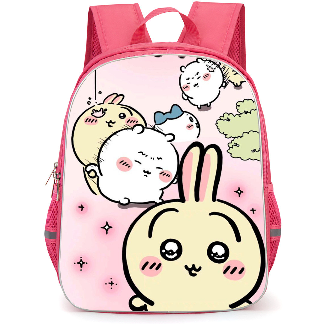 Chiikawa Backpack StudentPack - Rabbit and All Characters with Leaves and Pink Background