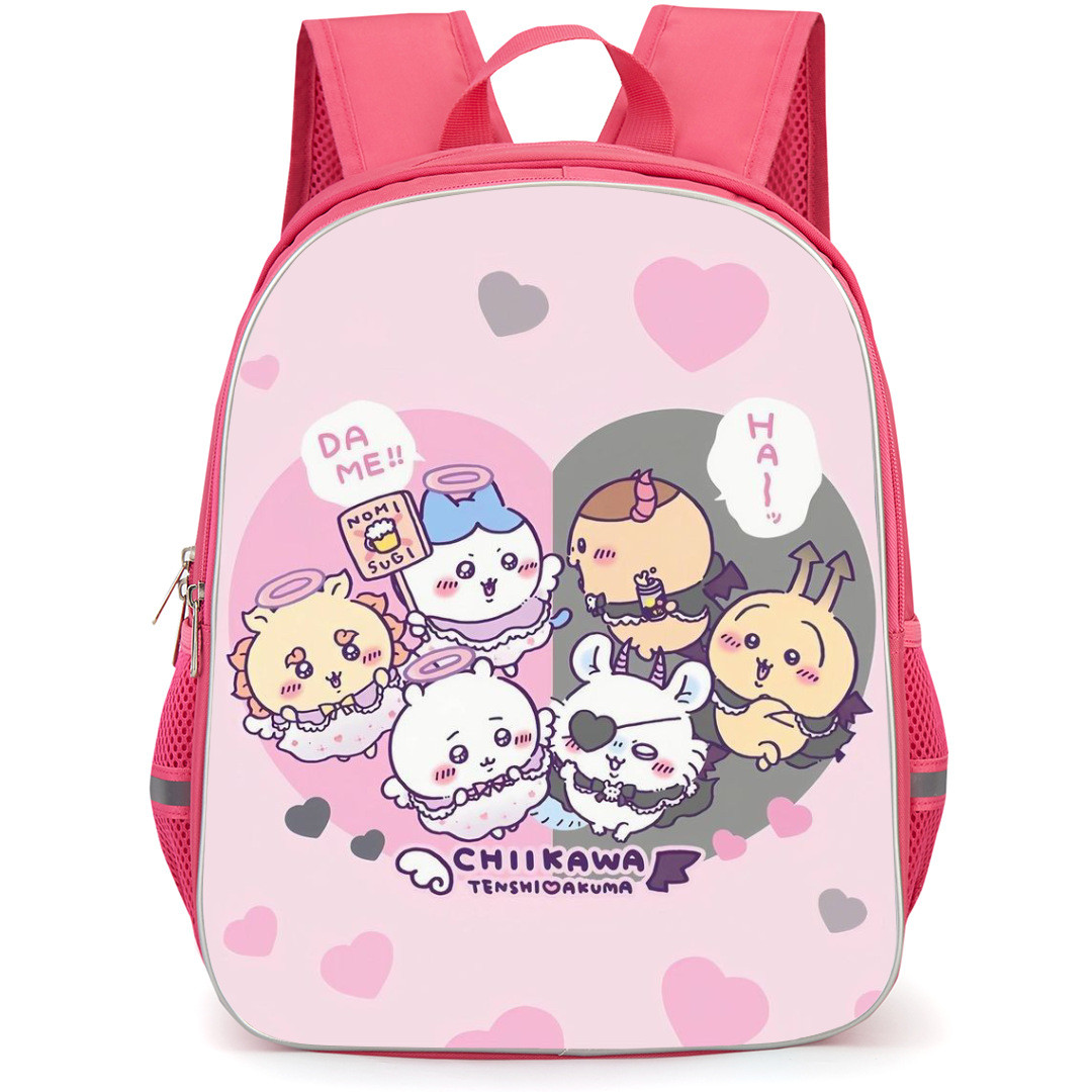 Chiikawa Backpack StudentPack - Tenshi Akuma Divided in Heart Pink and Grey with Heart Background