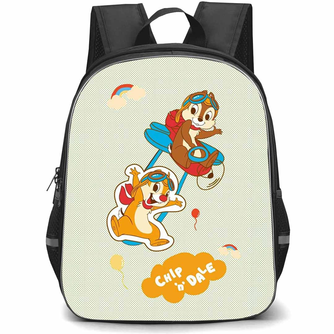 Chip N Dale Backpack StudentPack - Chip N Dale Flying Cartoon Art On Green Pattern Texture Background