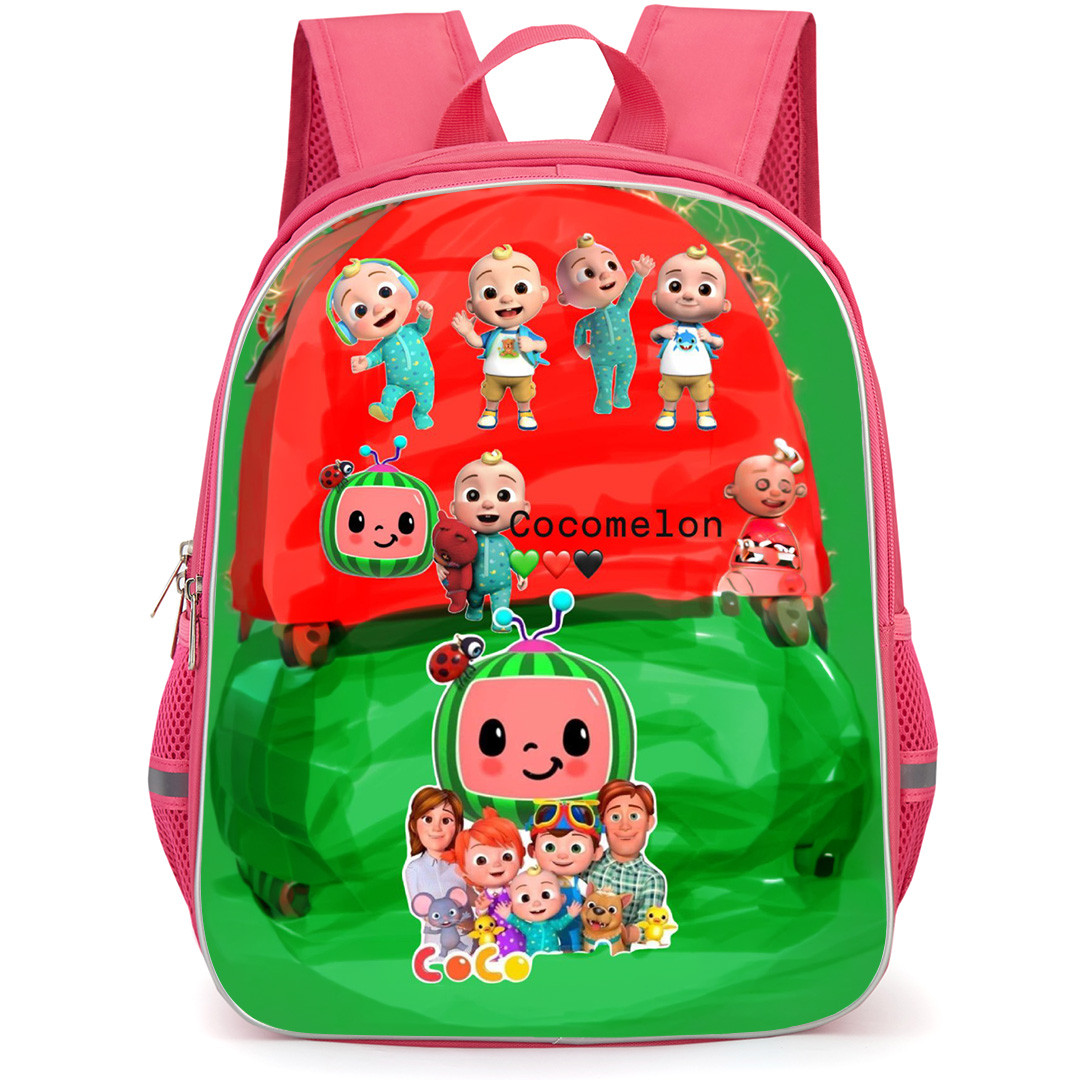 Cocomelon Lane Backpack School Bag StudentPack - Characters Smile Portrait Poster In Red And Green Background