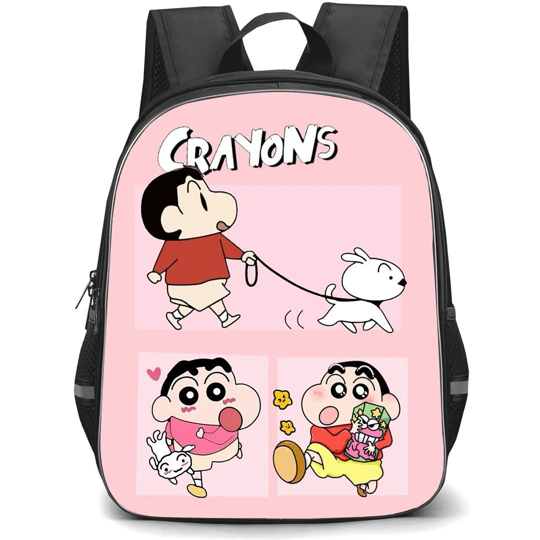Crayon Shin-Chan Backpack StudentPack - Crayon Shin-Chan Walking The Dog On Pink Background
