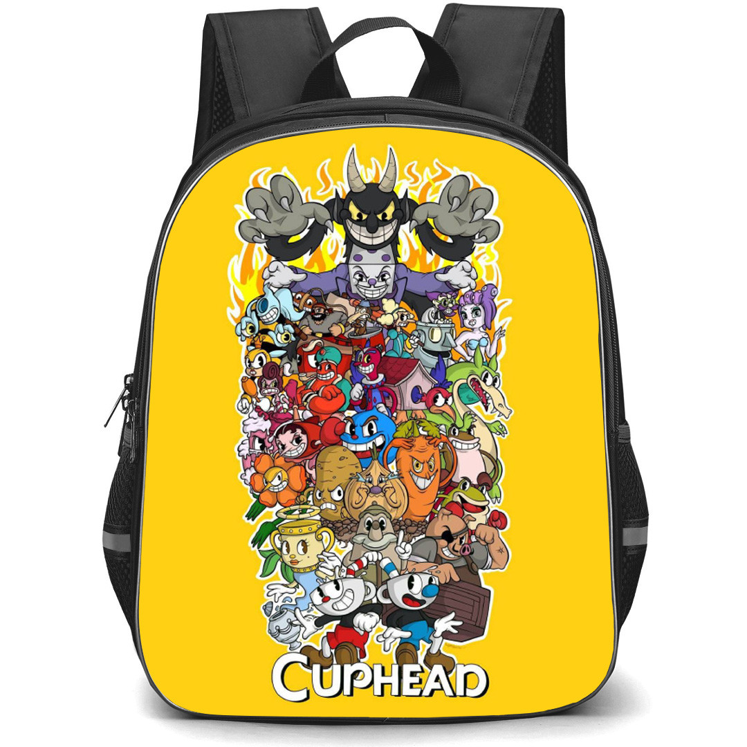 Cuphead Backpack School Bag StudentPack - Cuphead Characters Sticker Collage Poster On Yellow Background
