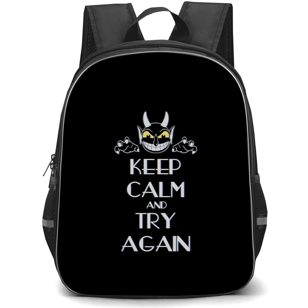 Cuphead Backpack School Bag StudentPack - Cuphead Keep Calm And Try Again Phrase Poster