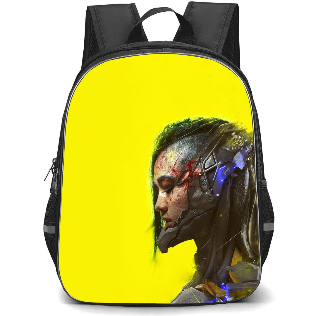 Cyberpunk 2077 Backpack StudentPack - Cyberpunk 2077 Sci-Fi Girl Side Portrait On Yellow Background