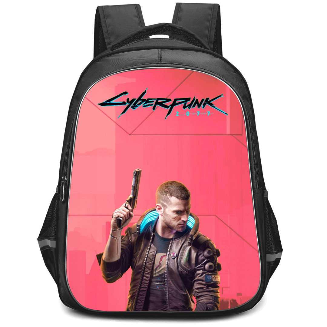 Cyberpunk 2077 Backpack StudentPack - Cyberpunk 2077 V Standing And Holding Weapon On Red Background