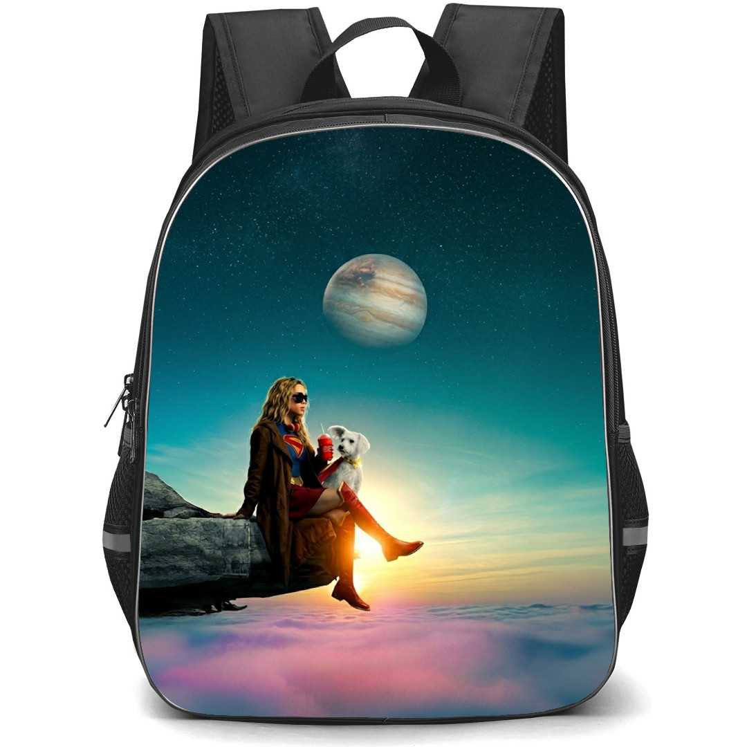 Supergirl Backpack School Bag StudentPack - Supergirl Dog Sitting In Sky Background
