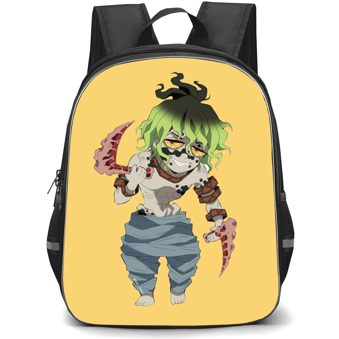 Demon Slayer Gyutaro Backpack StudentPack - Gyutaro Holding Scythe Sticker Art On Yellow Background